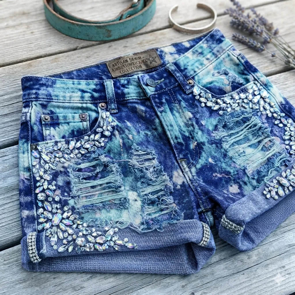 Custom Denim Distress Rhinestones Shorts