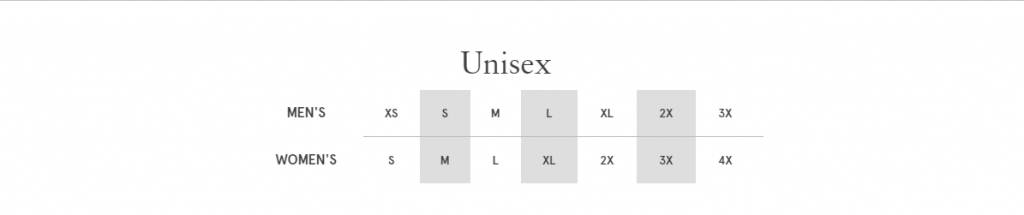 unisex size chart