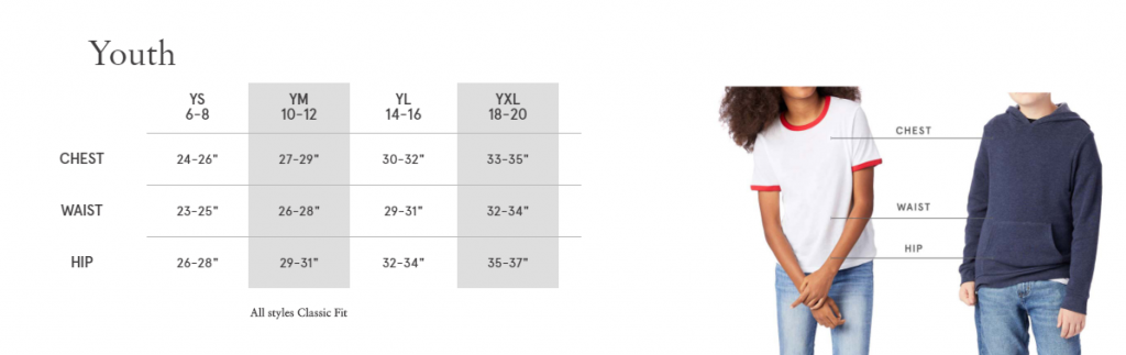 youth size chart