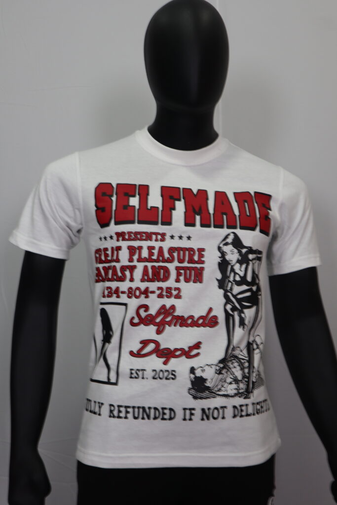 showroom model with printed tshirt custom clothing maker